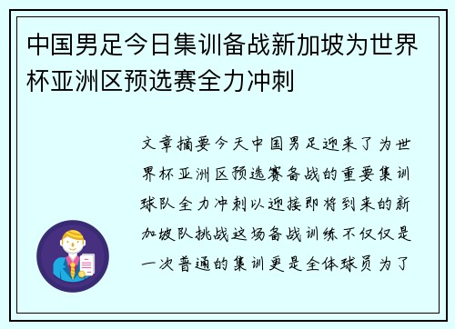 中国男足今日集训备战新加坡为世界杯亚洲区预选赛全力冲刺